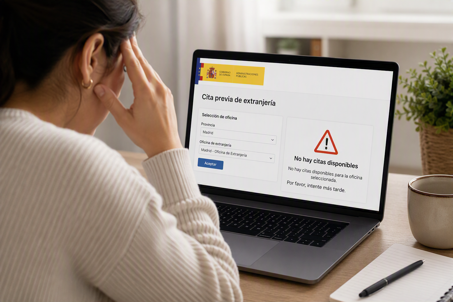 Person trying to book an immigration appointment online in Spain using a laptop