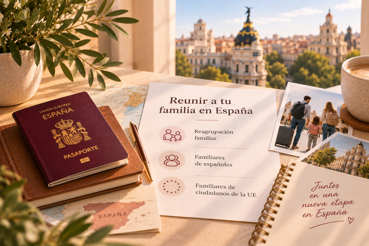 Familia preparando los documentos para solicitar la residencia de su pareja o hijos en España.