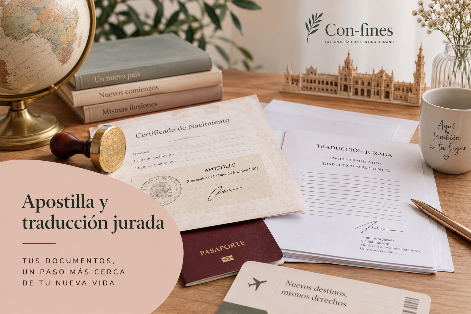 Documentos oficiales, sello de apostilla y pasaporte sobre una mesa, preparados para un trámite de extranjería
