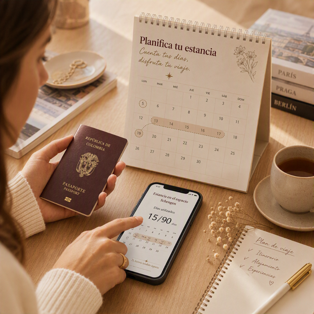Person checking a calendar and a passport to calculate their stay in the Schengen area